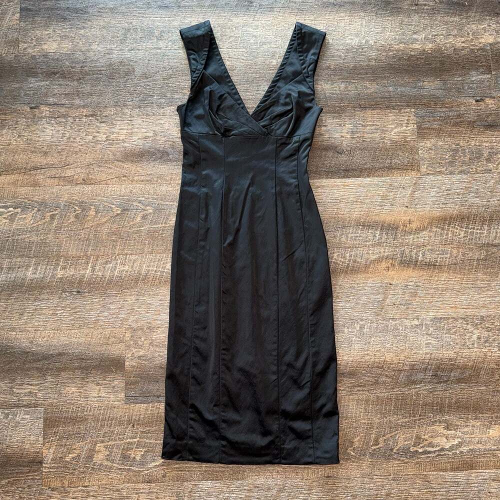 bebe Black V-Neck Bodycon Sheath Midi Dress Stretch Size XS